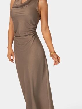 bebe Sleeveless Cowl-Neck Maxi Dress in Taupe Brown